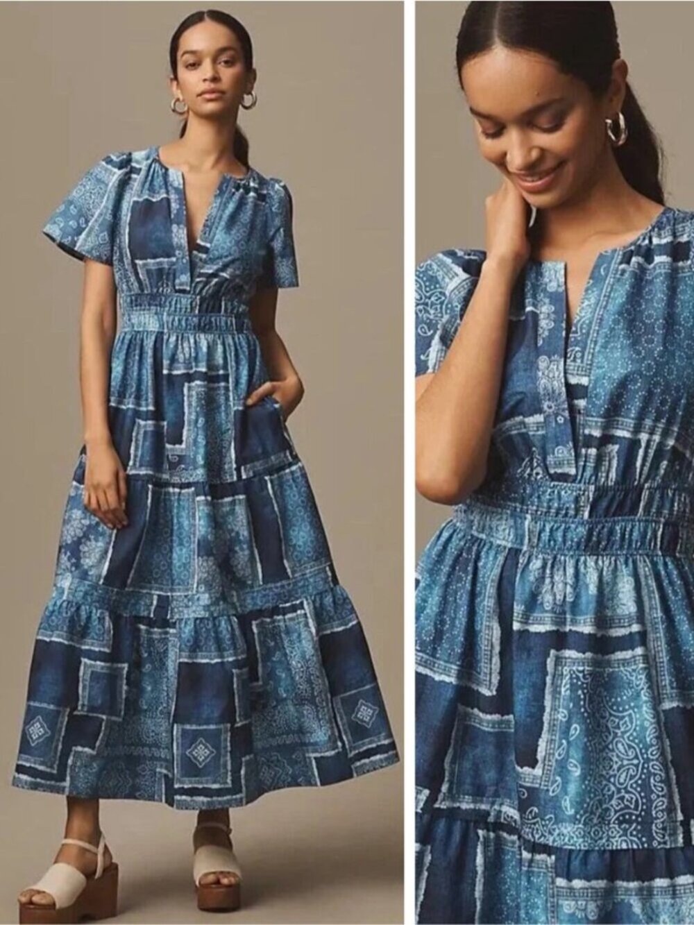 ANTHROPOLOGIE The Somerset Maxi Dress Bandana Patchwork Edition Blue Size XXS